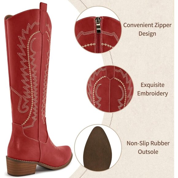 Women's Red Embroidered Knee High Chunky Heel Pointed Zipper Tall Boots - Picture 4 of 7